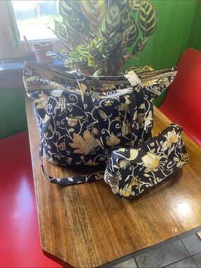 Vera Bradley Black & Gold Floral Quilted Tote + Matching Shoulder Bag